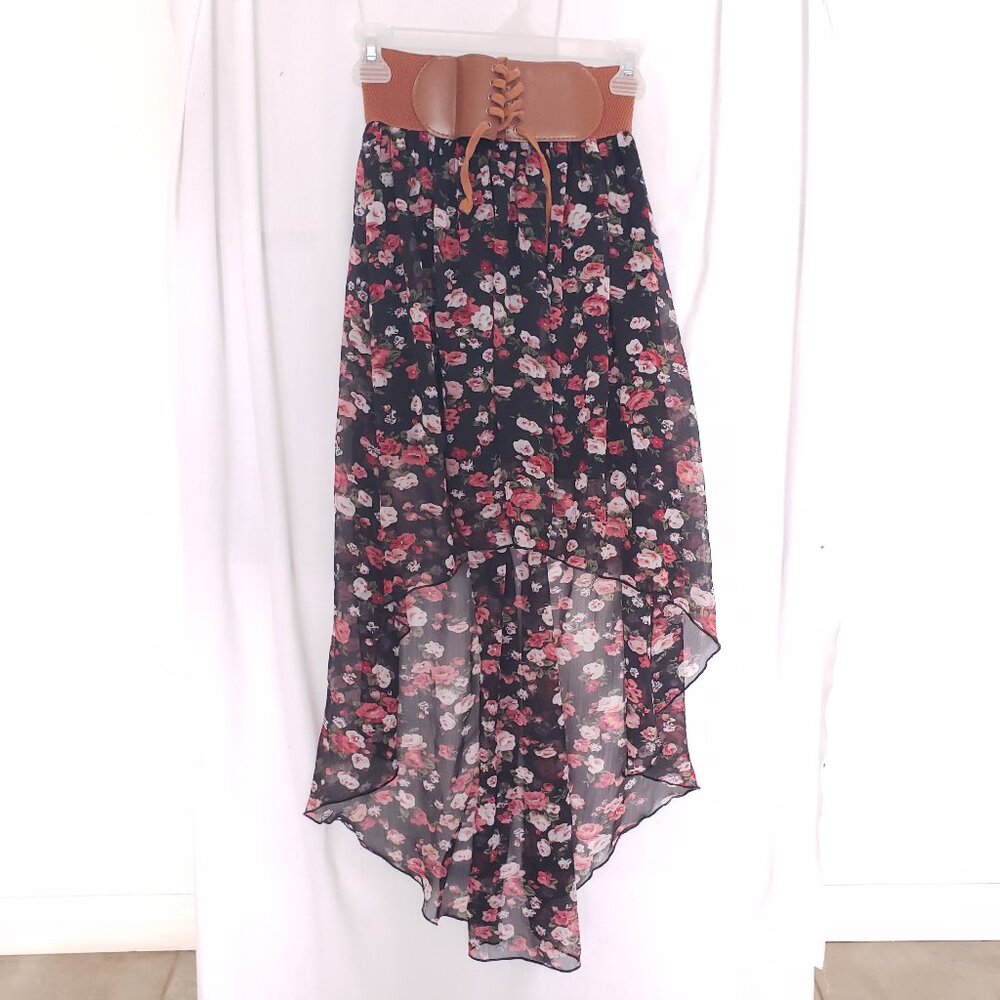 BB Couture Woman Black Multicolor Floral Pattern Sheer High Low Skirt Size M